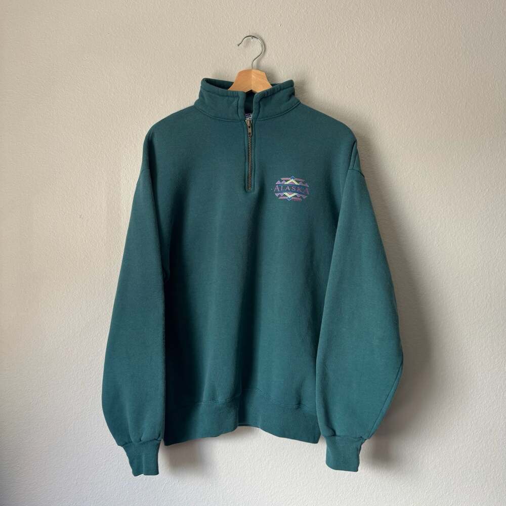 Vintage 90s Alaska Jerzees Teal Quarter Zip Sweatshirt Made in USA M
